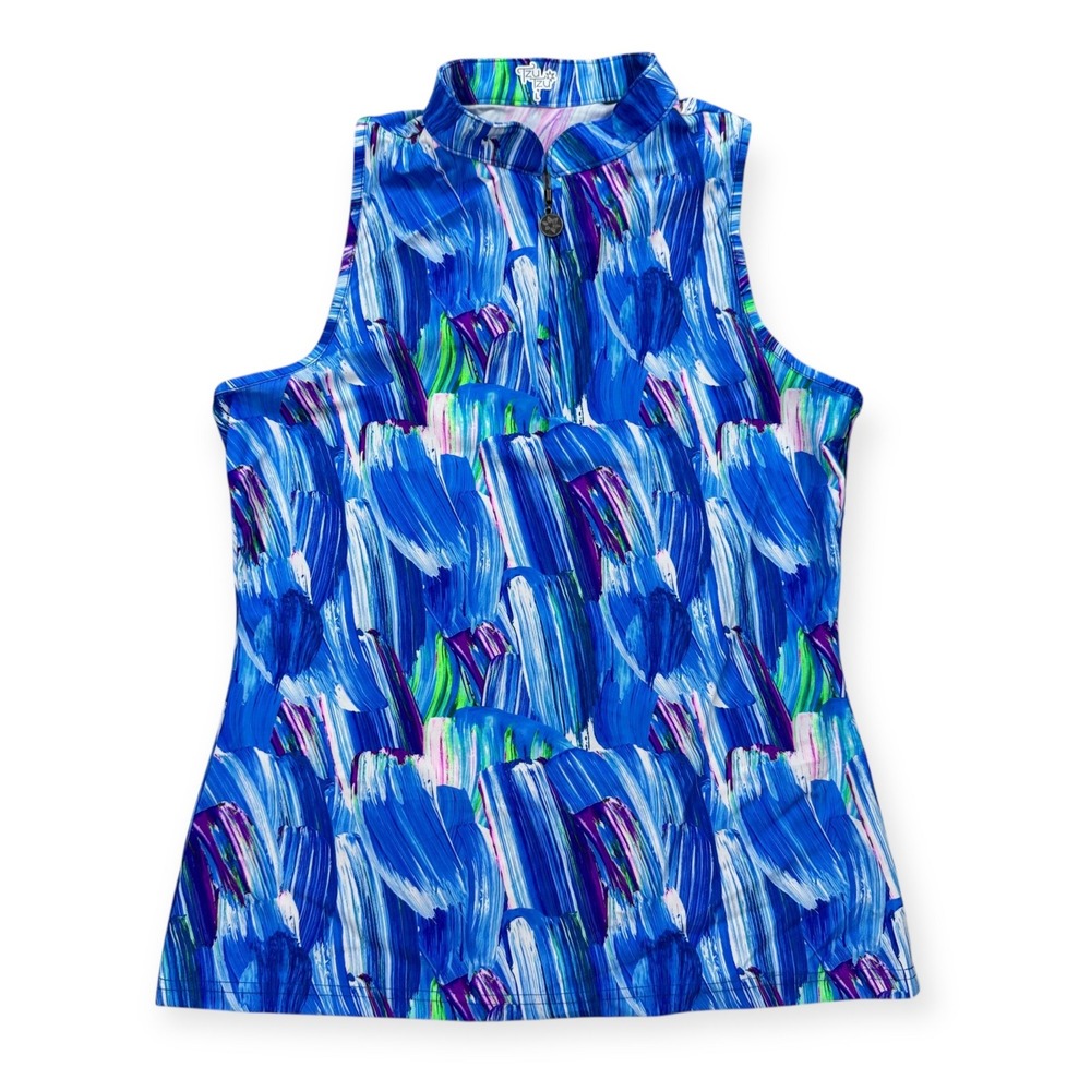 NEW Tzu Tzu Bella Top Women's Large Blue Colorful 1/4 Zip Racerback Tennis USA